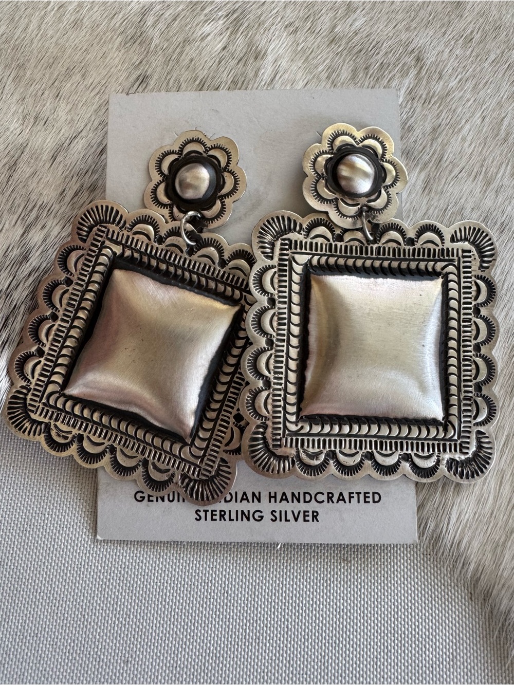 Leander Tahe Sterling Silver Squared Concho Drop Earrings